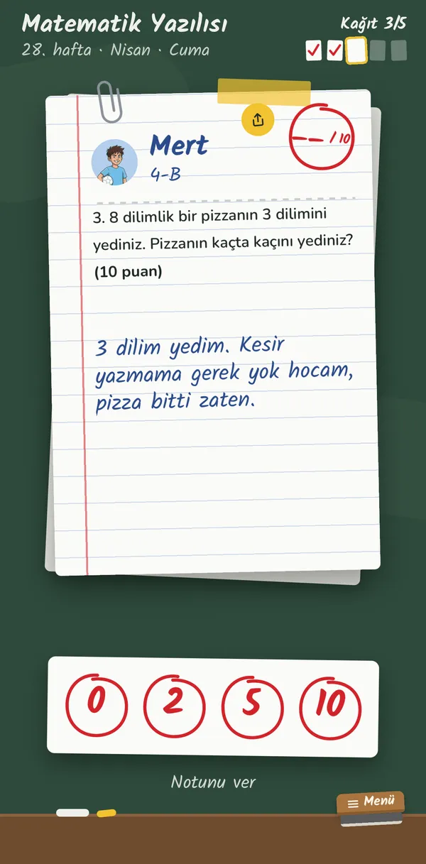 Yazılı ekranı: Mert'in matematik kâğıdı, pizza sorusuna verdiği cevap ve 0, 2, 5, 10 puan düğmeleri